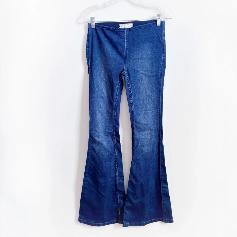 Free People Penny Pull On Jeans blue denim faded flare wide leg stretchy